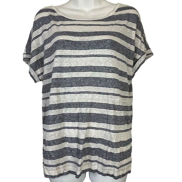 CHRISTIAN SIRIANO NEW YORK 100% Linen Striped Short Sleeve Button Back Top sz M - Picture 2 of 16